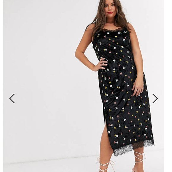 ASOS Curve Dresses & Skirts - Velvet Embroidered Slip Dress - Floral - Black - Lace Trim